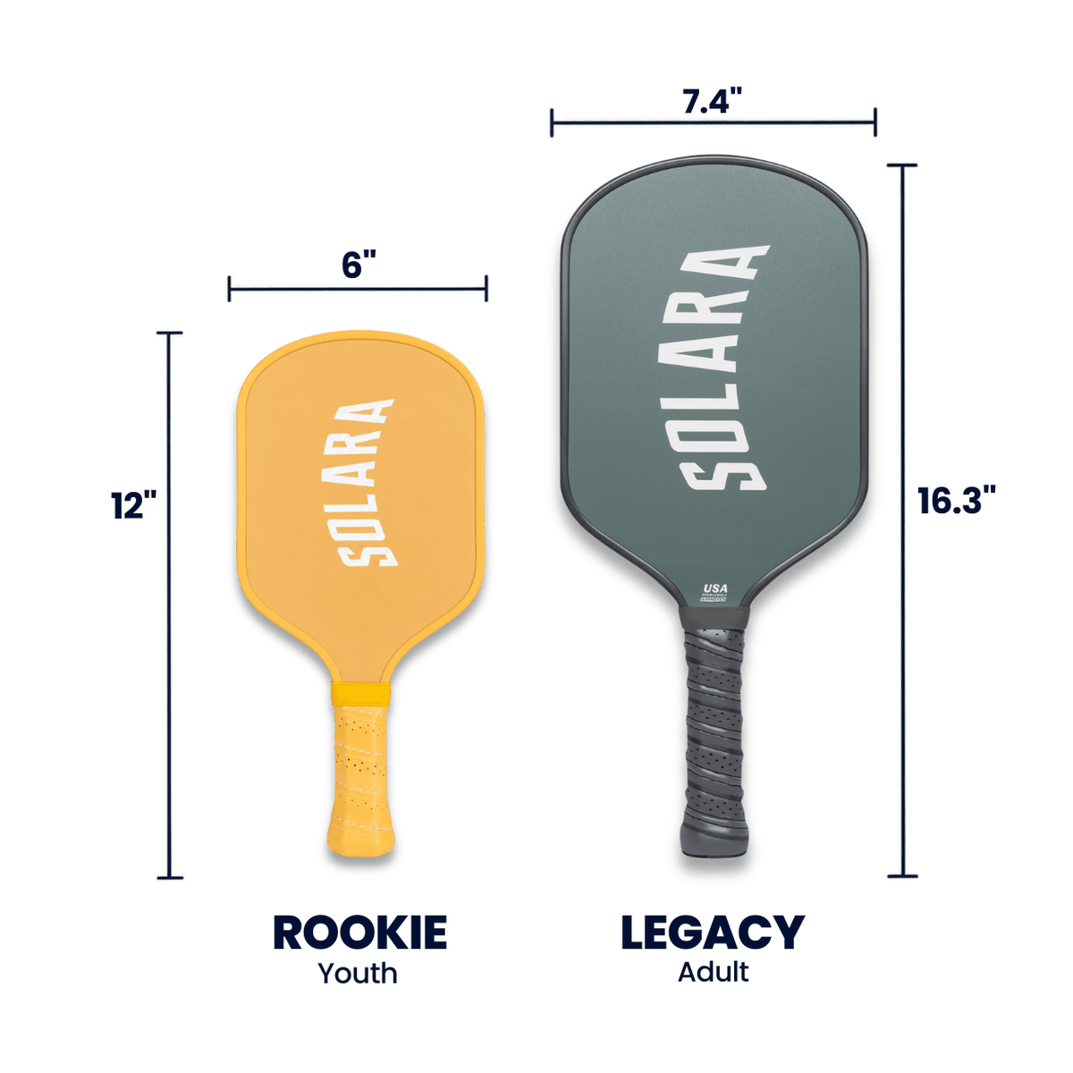 Rookie Youth Pickleball Paddle - Solara '94 - Pickleball Paddle - Two Solara pickleball paddles shown side by side with dimension labels: a yellow Rookie Youth paddle marked 12" tall and 6" wide, and a dark gray Legacy Adult paddle marked 16.3" tall and 7.